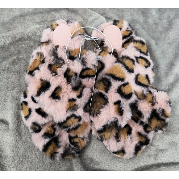 Cat & Jack Slippers Pink Cheetah Girls M 2-3 Faux Fur Brooklyn Slide Slip On NEW - Picture 1 of 8
